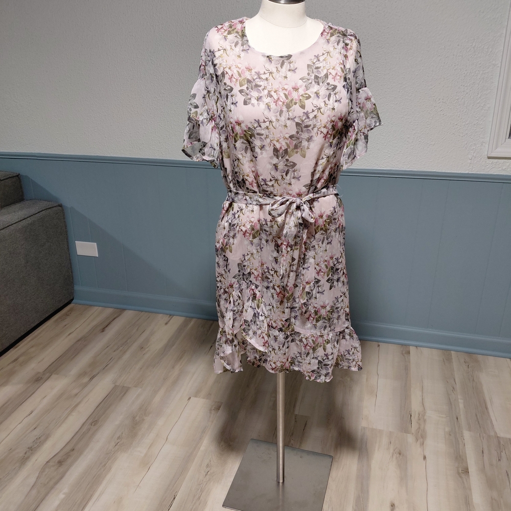 Soft Pink Floral Tie-Waist Ruffle Mini Dress